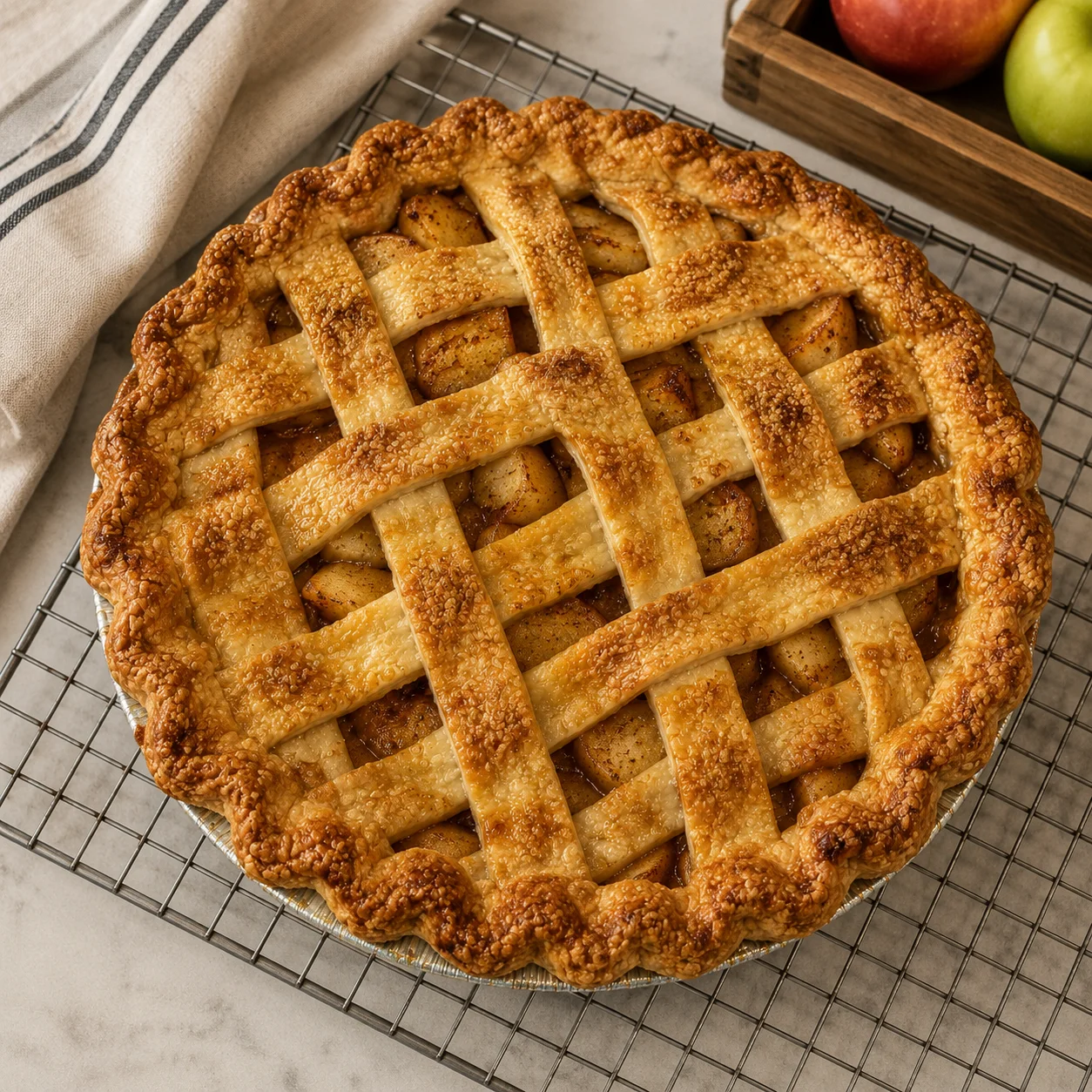 Classic American apple pie with a golden lattice crust