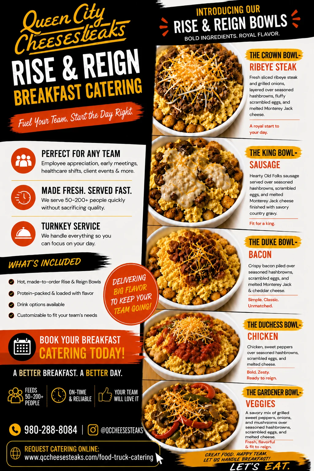 Breakfast catering menu featuring Rise & Reign bowls with various ingredients.