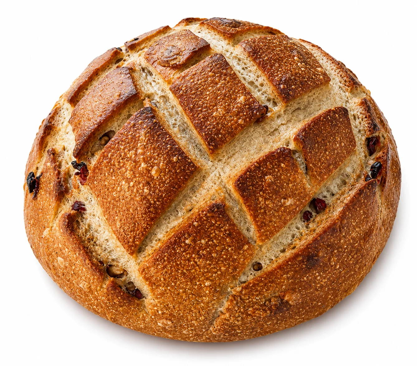 Round artisan bread with a golden crust and scored top.