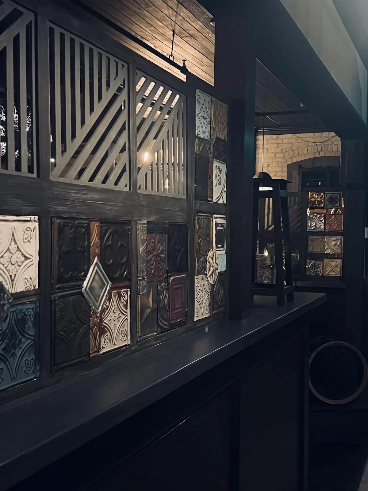 Stylish restaurant interior with decorative glass panels