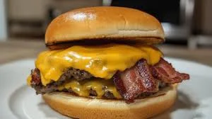 A delicious cheeseburger featuring a beef patty, cheddar cheese, and crispy bacon, all sandwiched between a toasted bun.