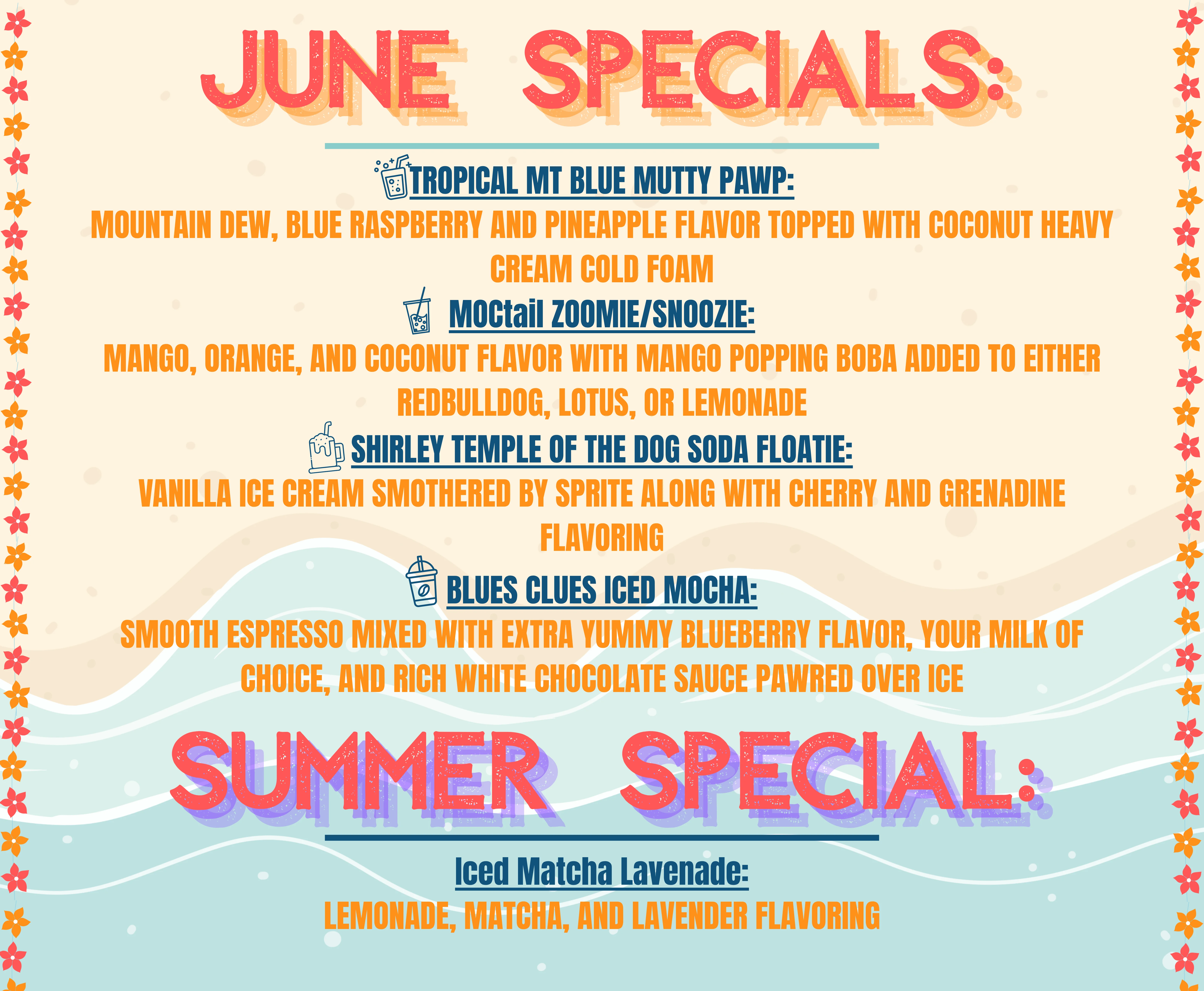 Colorful summer drink specials menu at a cafe