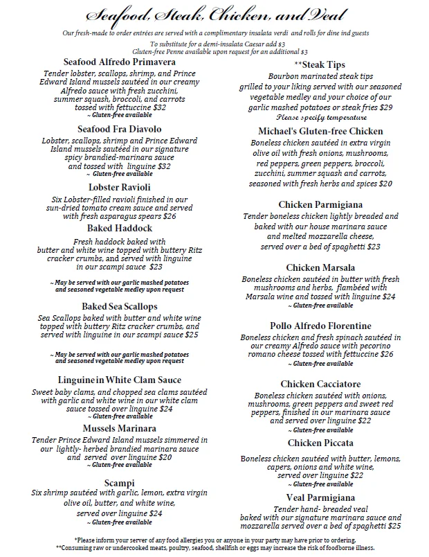 Menu featuring seafood, steak, chicken, and veal dishes with prices.