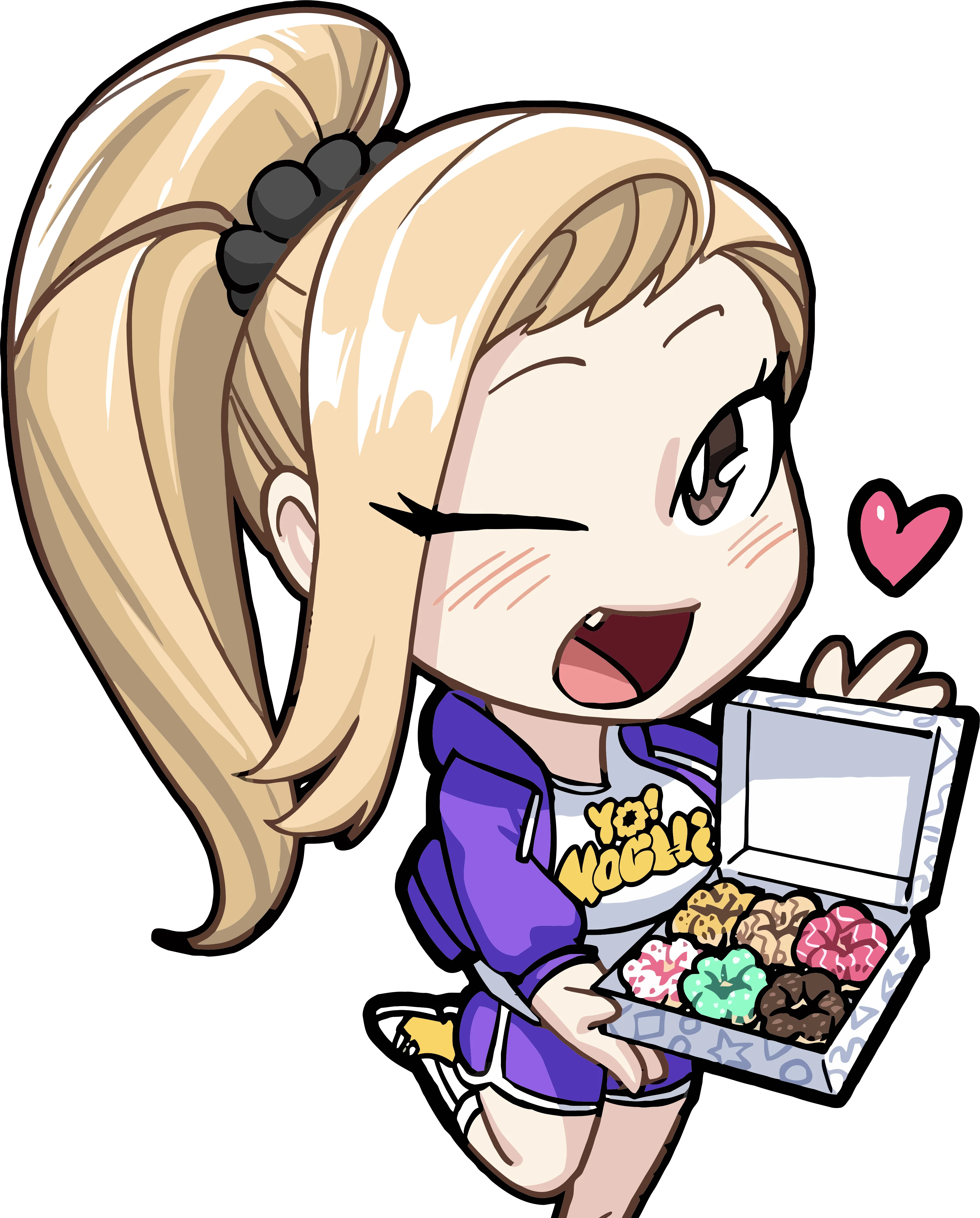 Cheerful character holding a box of colorful donuts