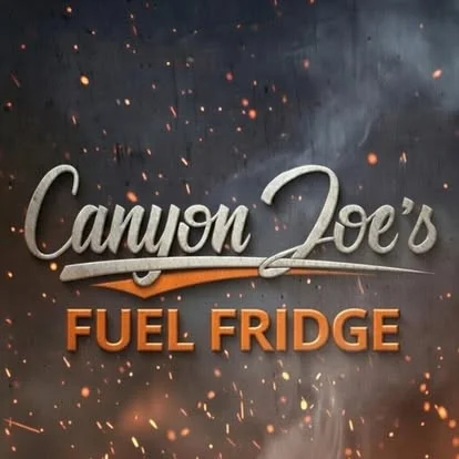 Canyon Joe's Fuel Fridge logo with a fiery background