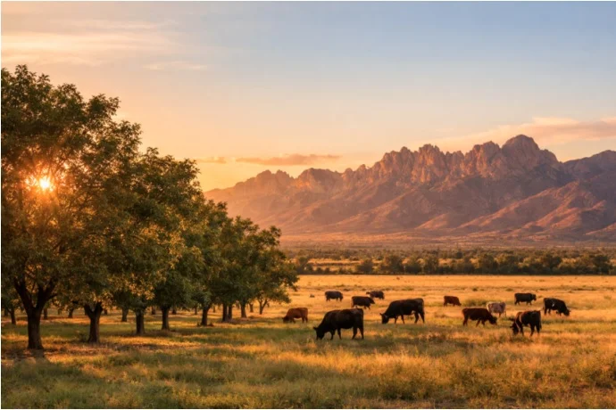 Cattle grazing in a scenic landscape at sunset with mountains in the background