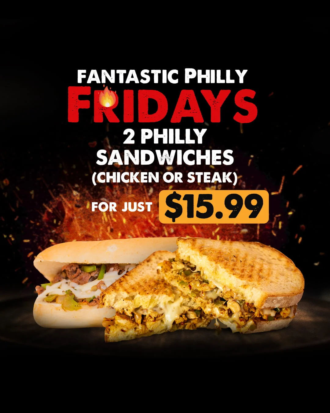Two Philly sandwiches with chicken and steak on a fiery background.