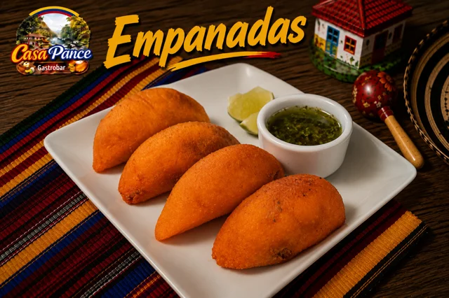 A plate of empanadas served with a lime wedge and green sauce. The empanadas are golden brown and arranged neatly on a white plate.