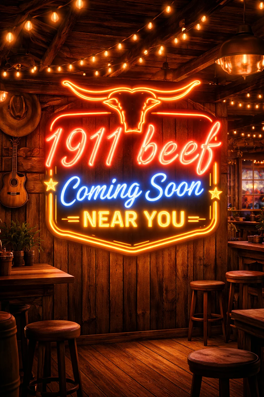 Rustic restaurant interior with neon sign announcing 1911 beef