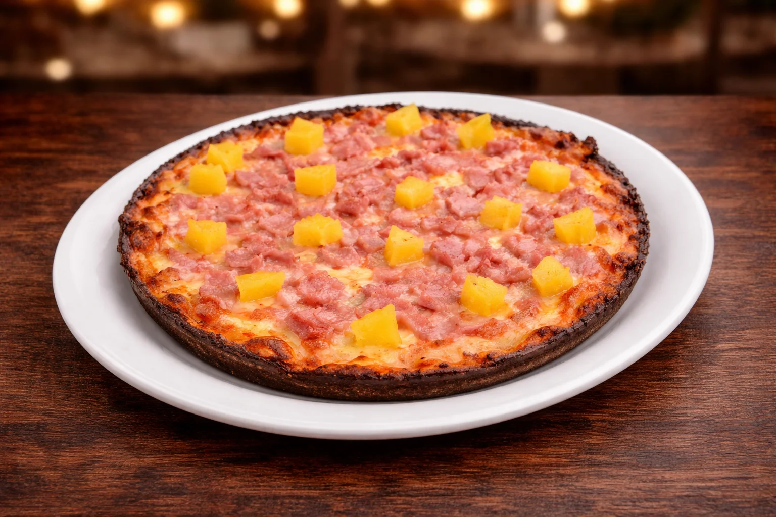 Hawaiian pizza with ham and pineapple on a wooden table