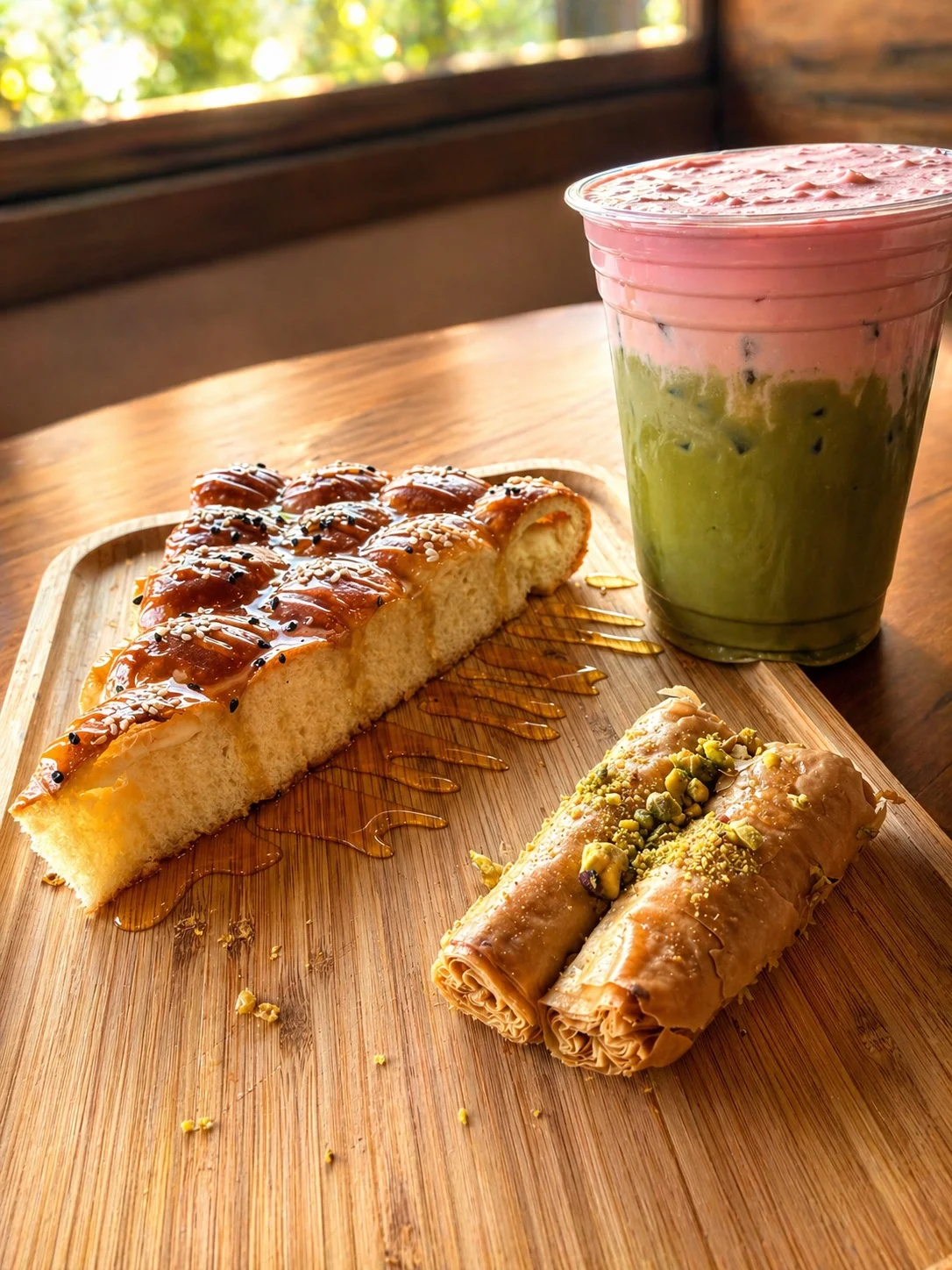 A wooden platter with sweet bread, rolled pastries, and a colorful drink.