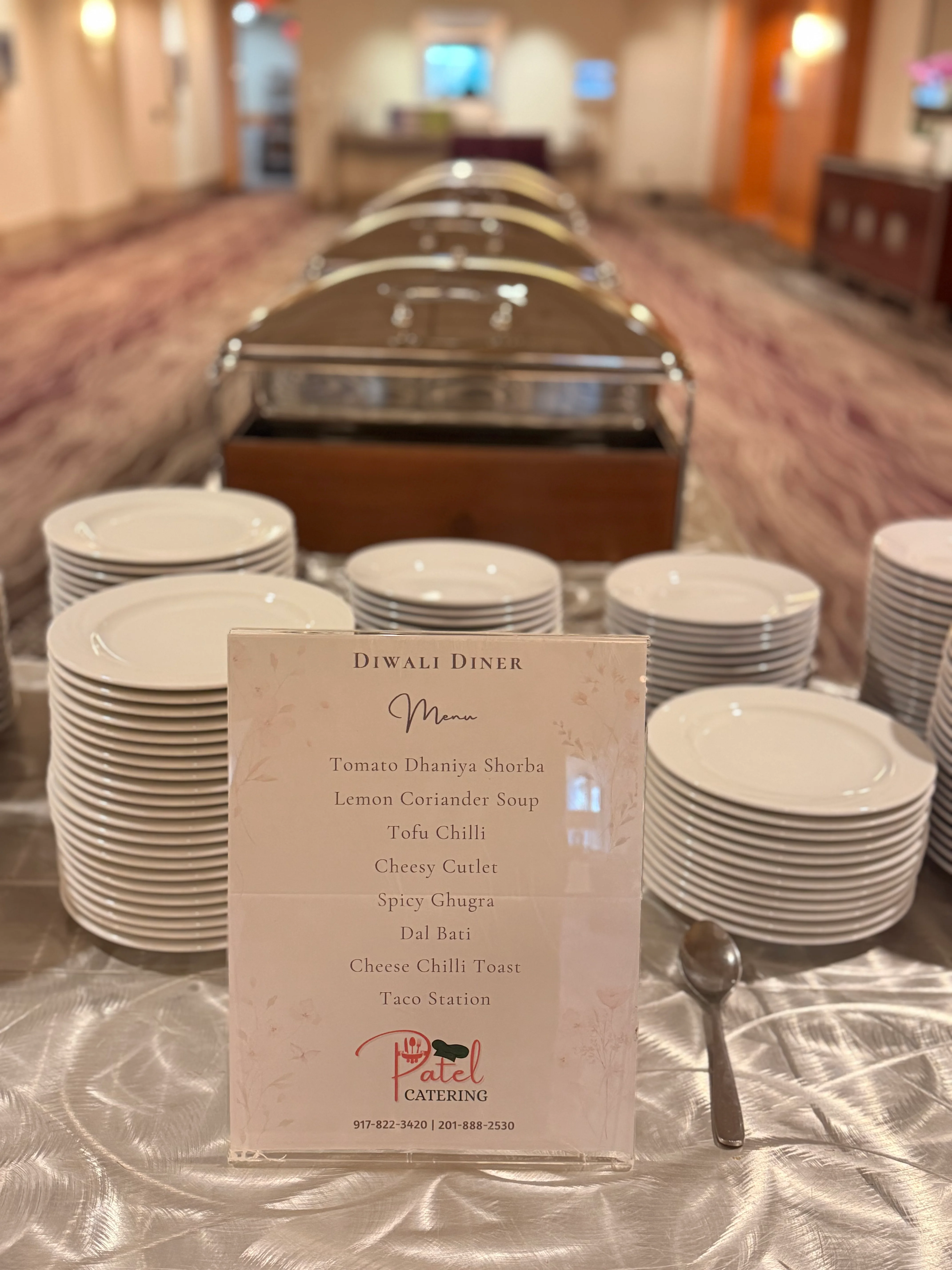 Diwali buffet setup featuring Indian vegetarian dishes