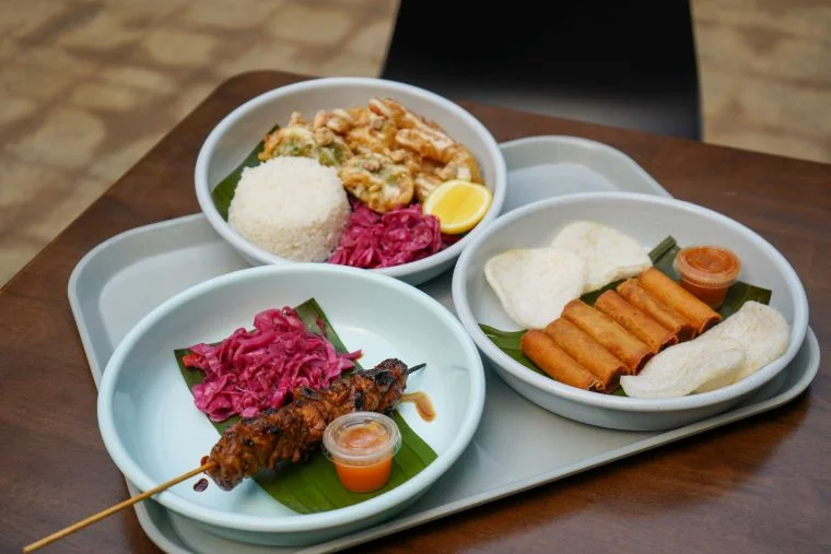 Filipino cfrispy shrimp, barbeque pork, and