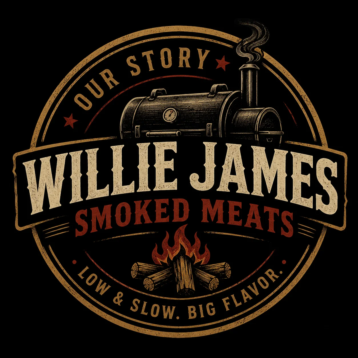 Logo for Willie James Smoked Meats featuring a smoker and campfire