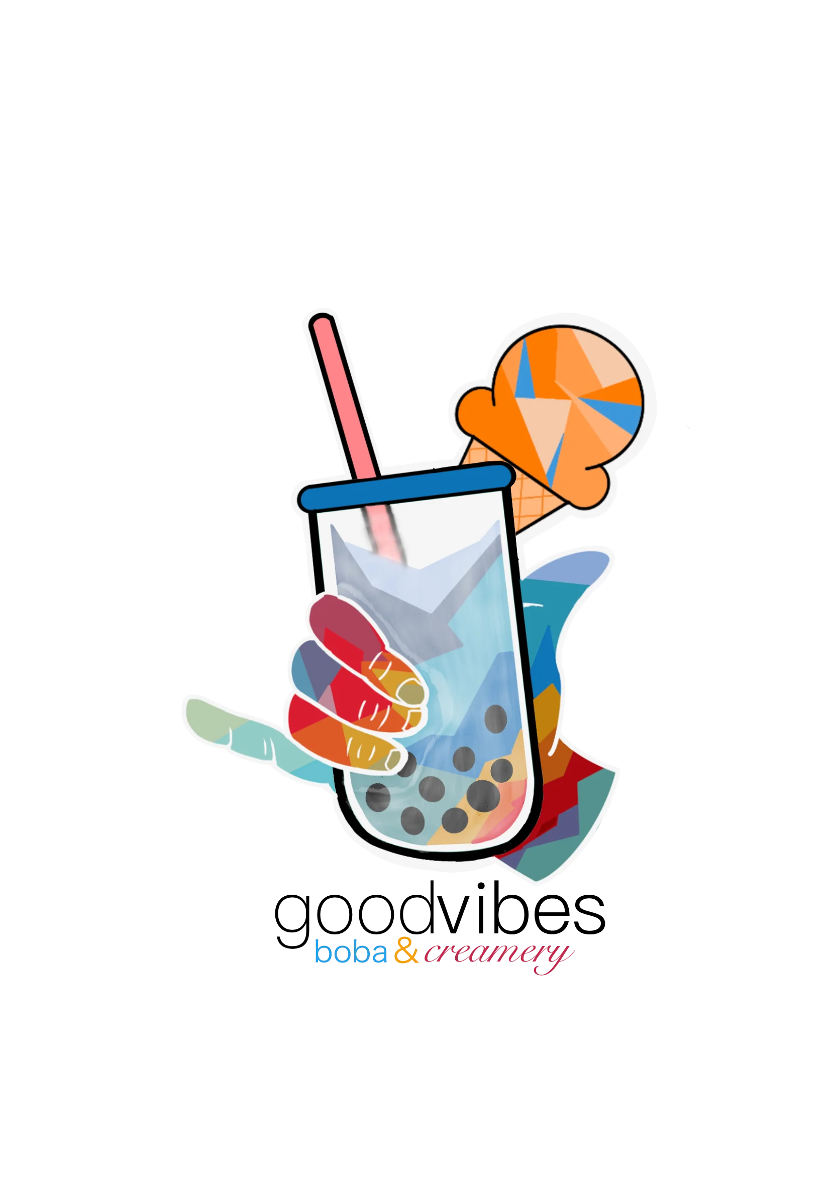A colorful graphic design featuring a hand holding a cup of boba with an ice cream cone on top. The cup is decorated with bubbles and has a straw.