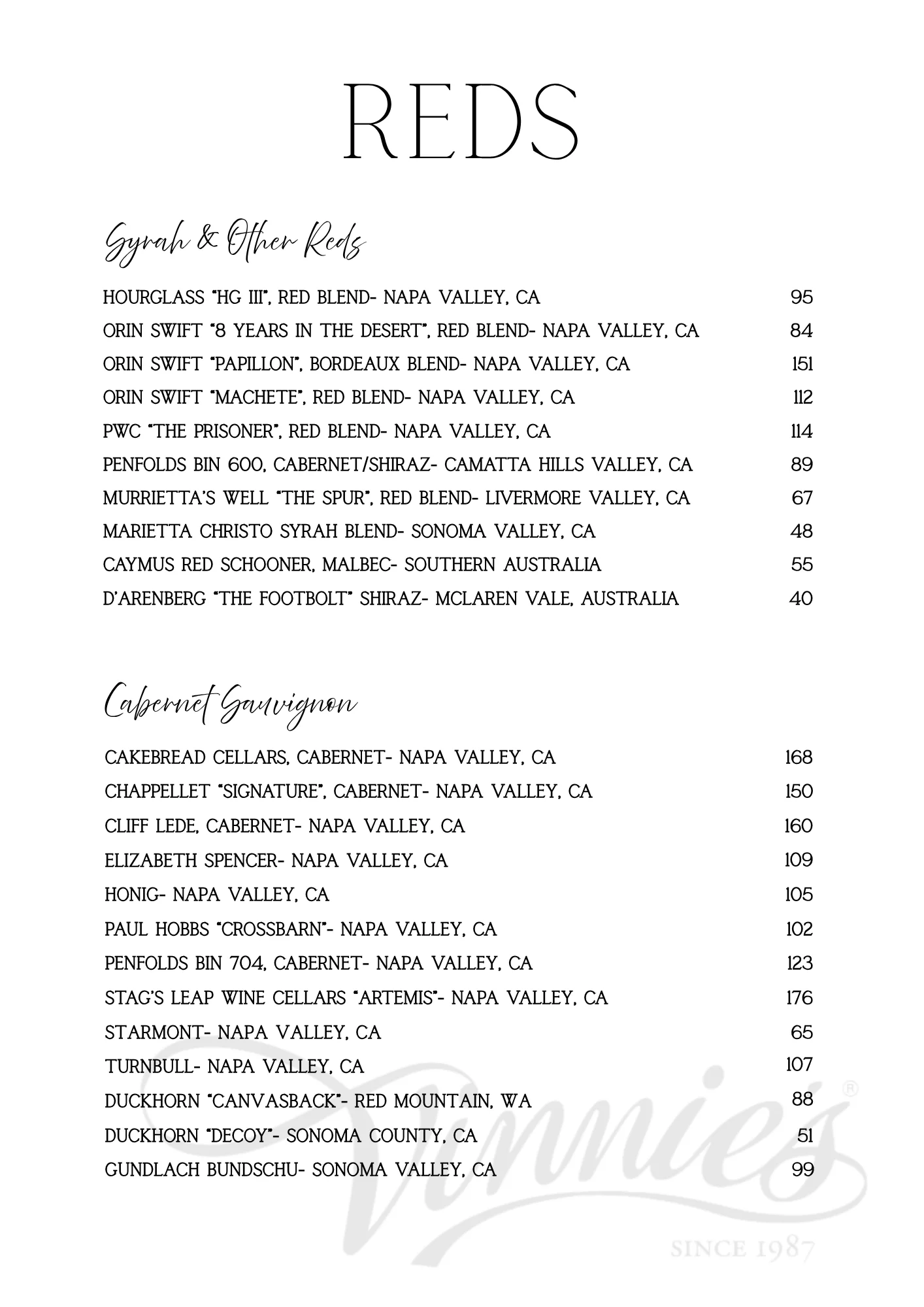 Wine list featuring various red wines and blends from Napa Valley and beyond