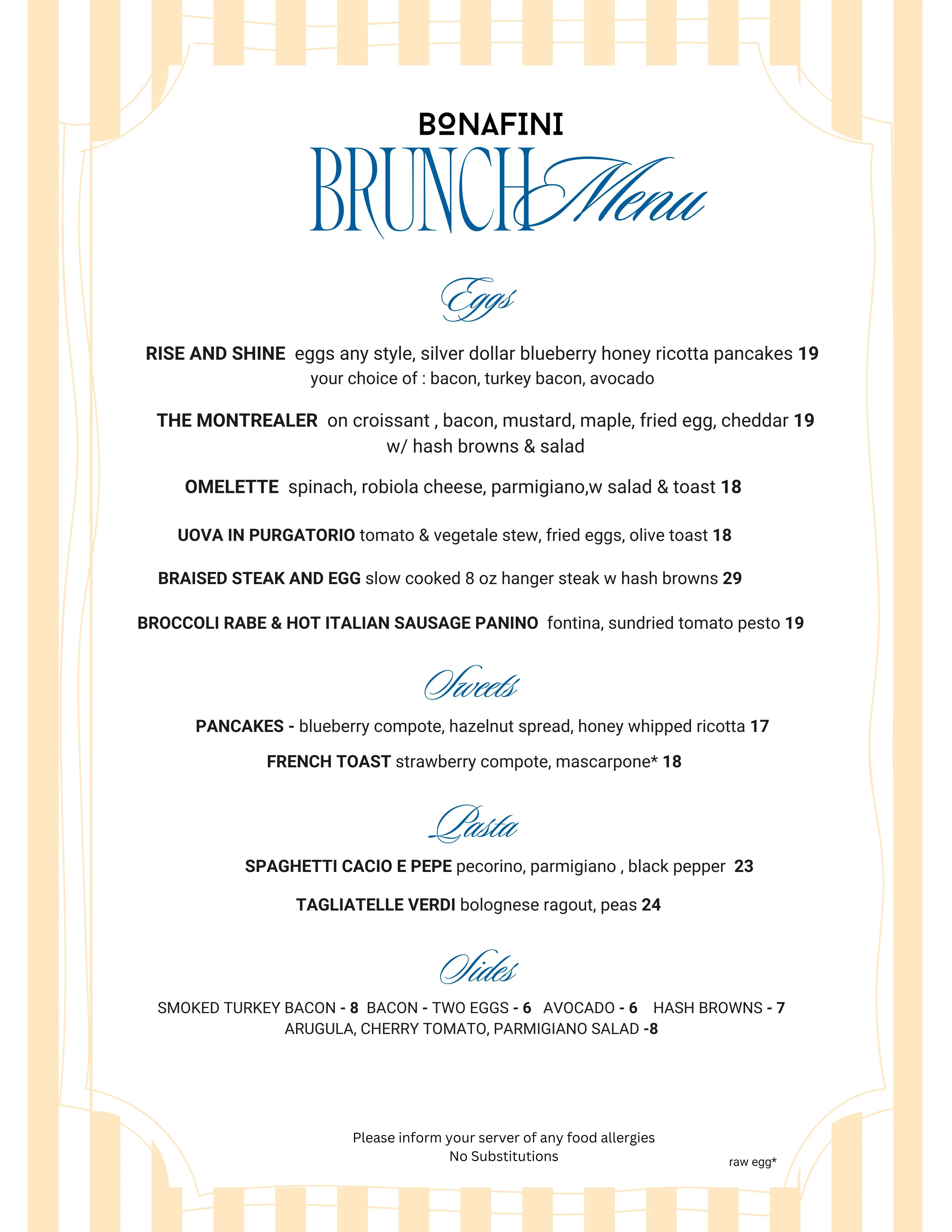 Menu featuring dinner, brunch, and lunch options at Liliana Bonafini.