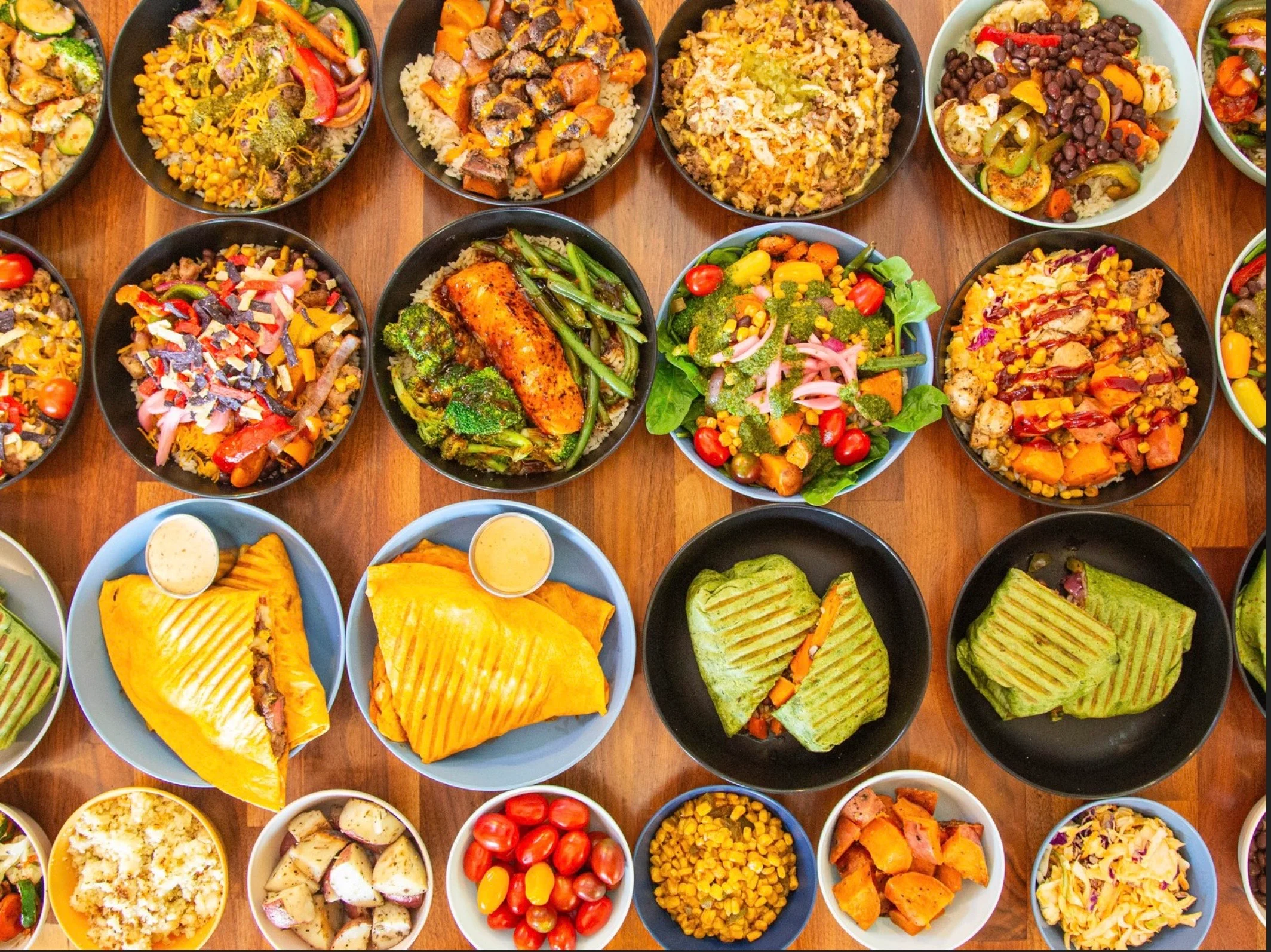 Colorful grain bowls featuring diverse ingredients and vibrant vegetables