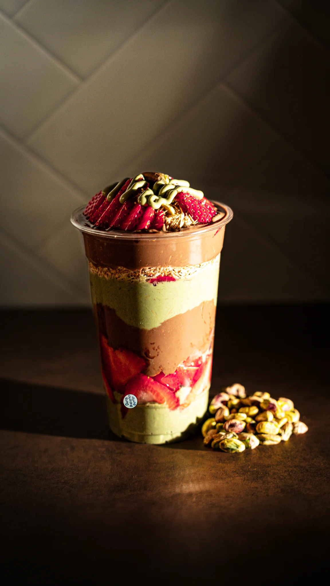 Layered matcha and chocolate parfait with strawberries