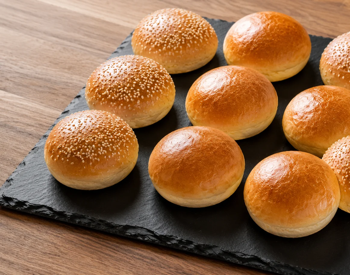 A variety of delicious burger buns displayed on a wooden surface.