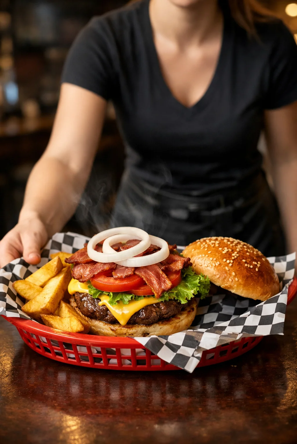 Juicy cheeseburger with bacon and fries served in a diner