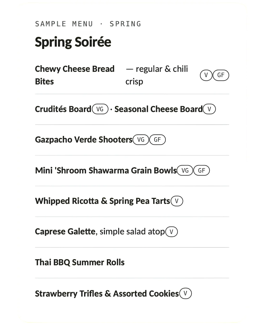 Spring menu featuring vibrant vegetarian dishes