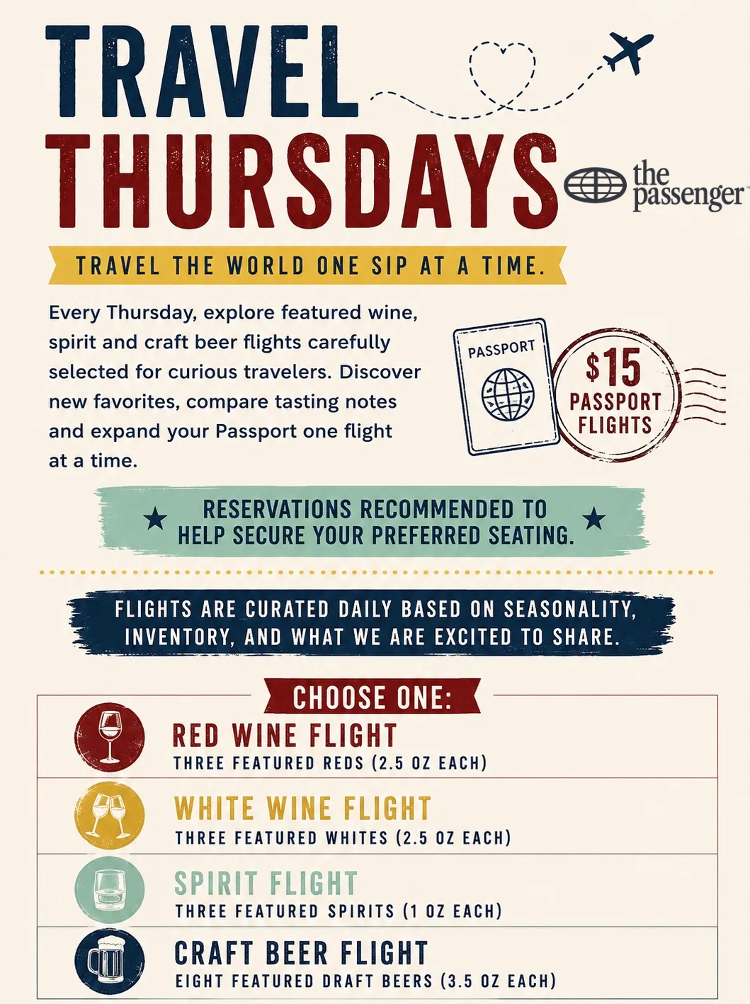 Promotional graphic for Travel Thursdays featuring wine and craft beer flights