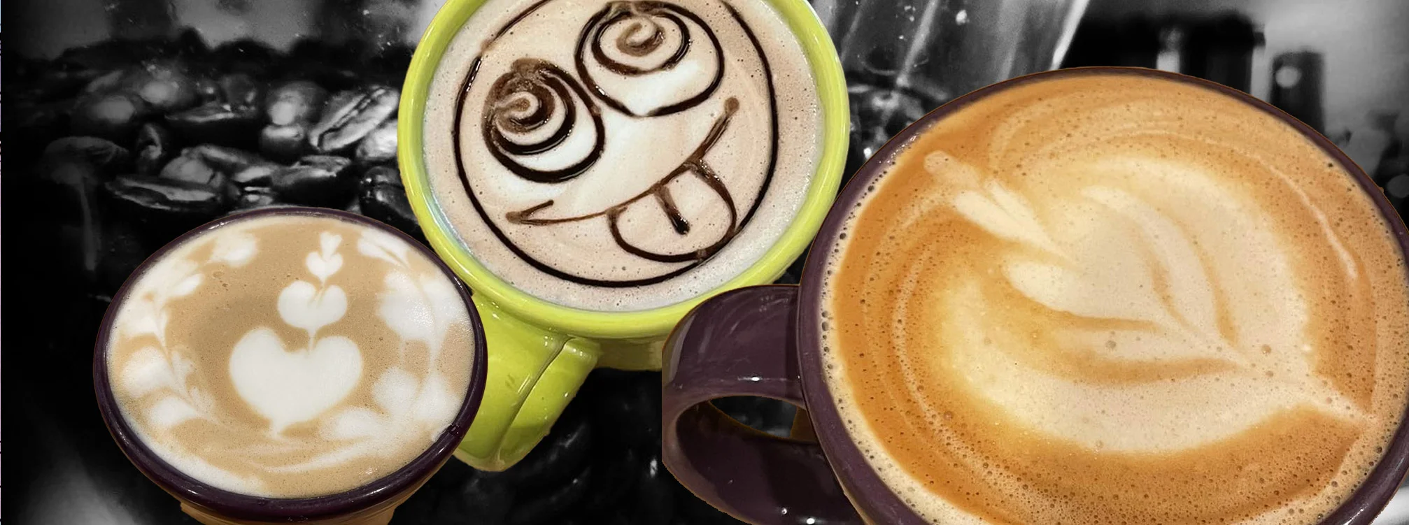 Artistic coffee drinks with latte art designs