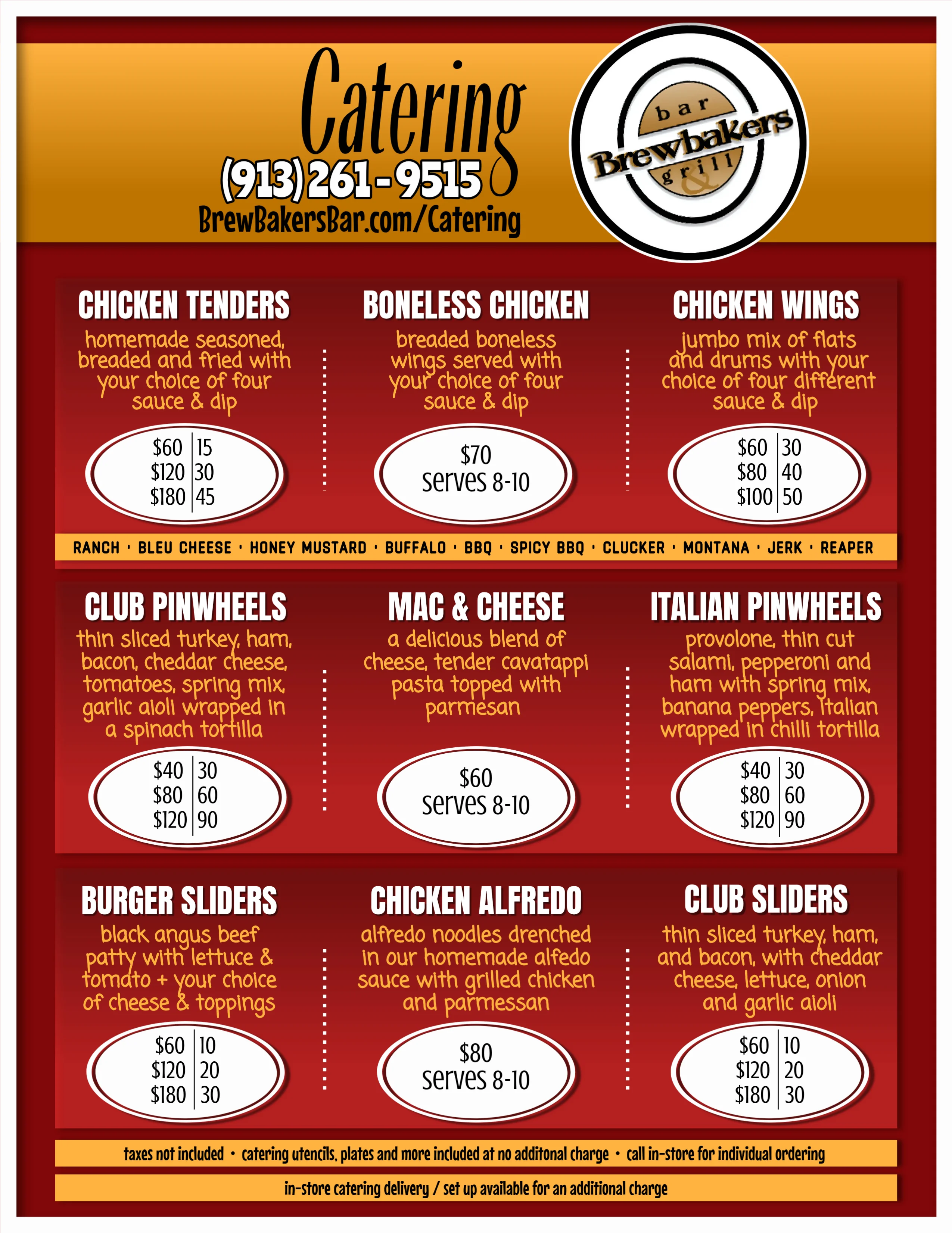 Catering menu featuring assorted chicken and pasta dishes