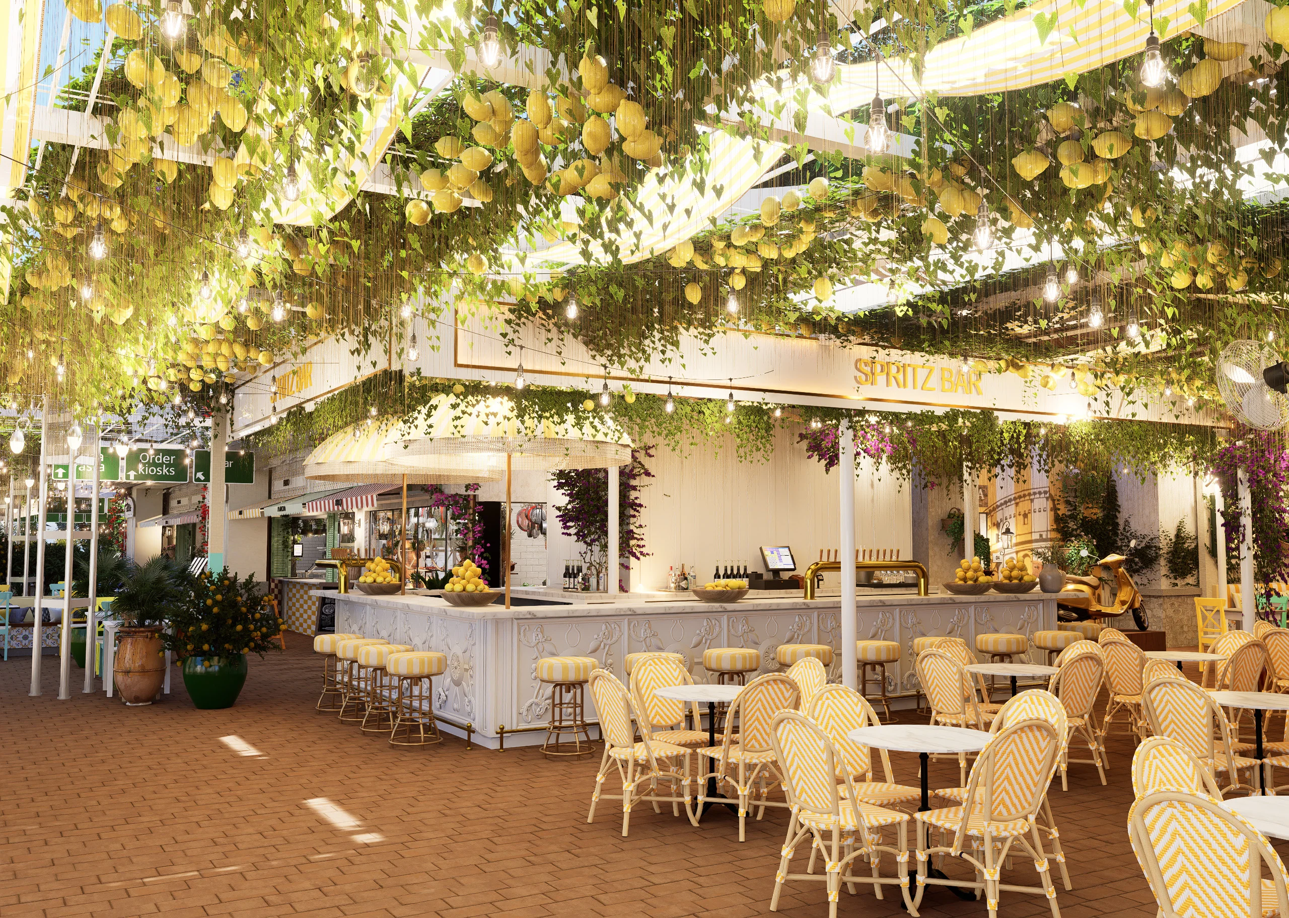 Charming restaurant interior adorned with lemon decor and lush greenery