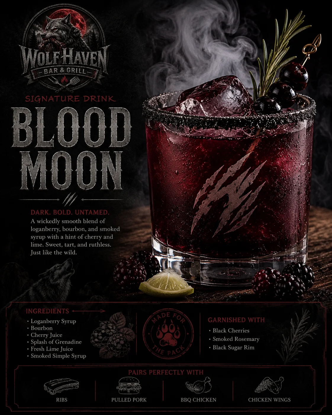 A dark and smoky cocktail named 'Blood Moon,' garnished with black cherries and rosemary, served in a glass with a black sugar rim. The drink is rich in color and exudes a bold, untamed essence.