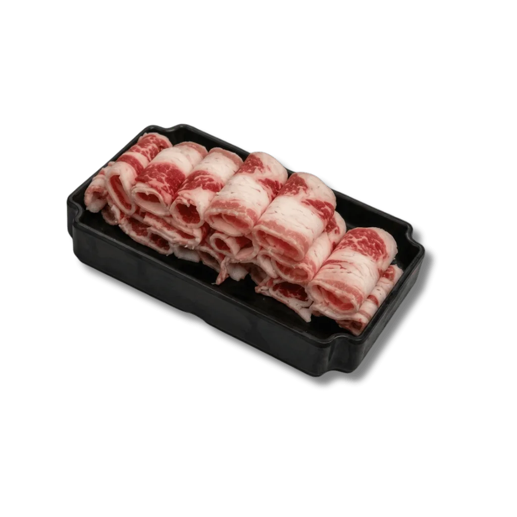 Thinly sliced marbled beef in a black tray