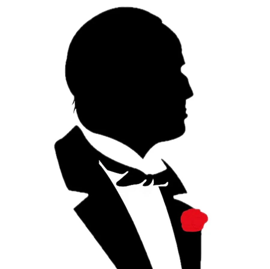 A silhouette of a man in a tuxedo with a red rose, representing a classic figure.