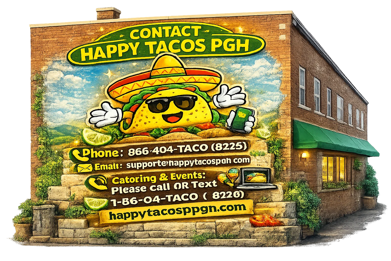 Colorful mural of Happy Tacos with contact information