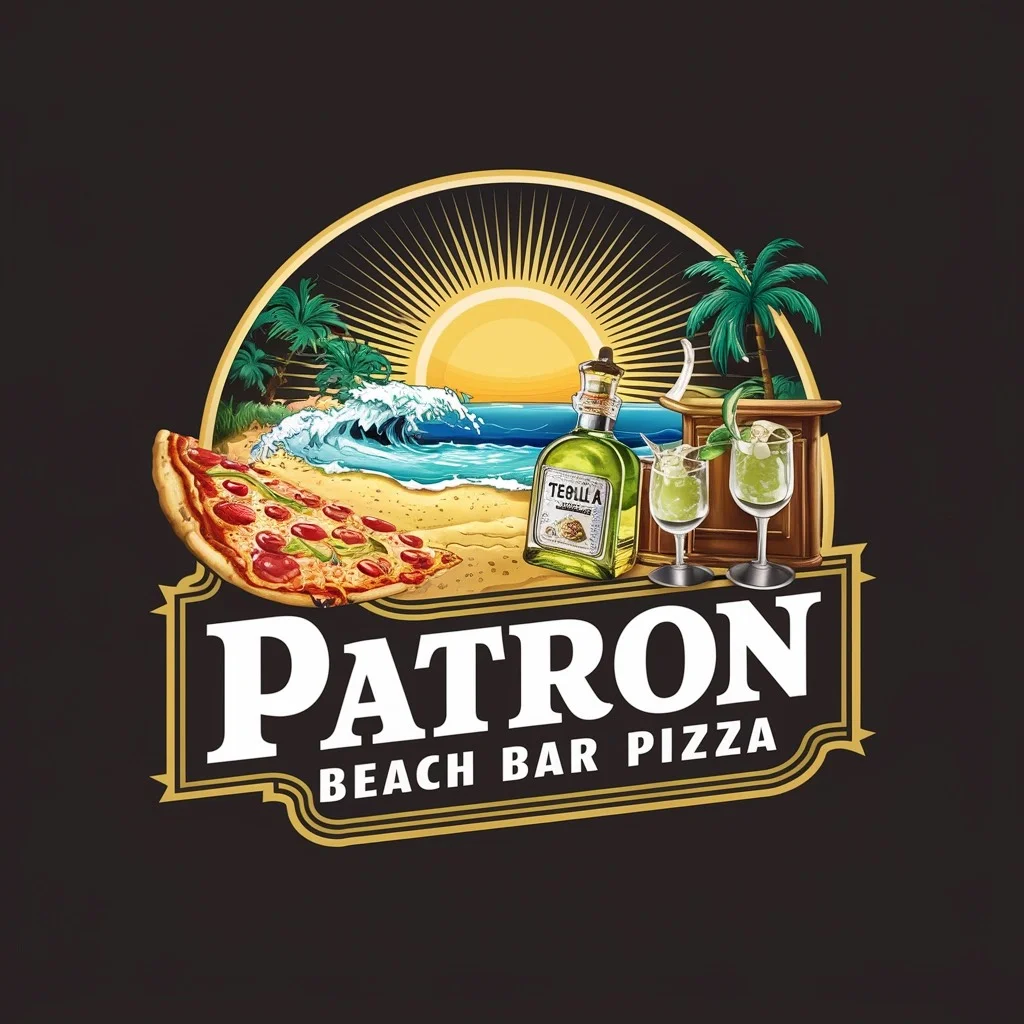 Patron Beach Bar Pizza logo with tropical elements and sunset