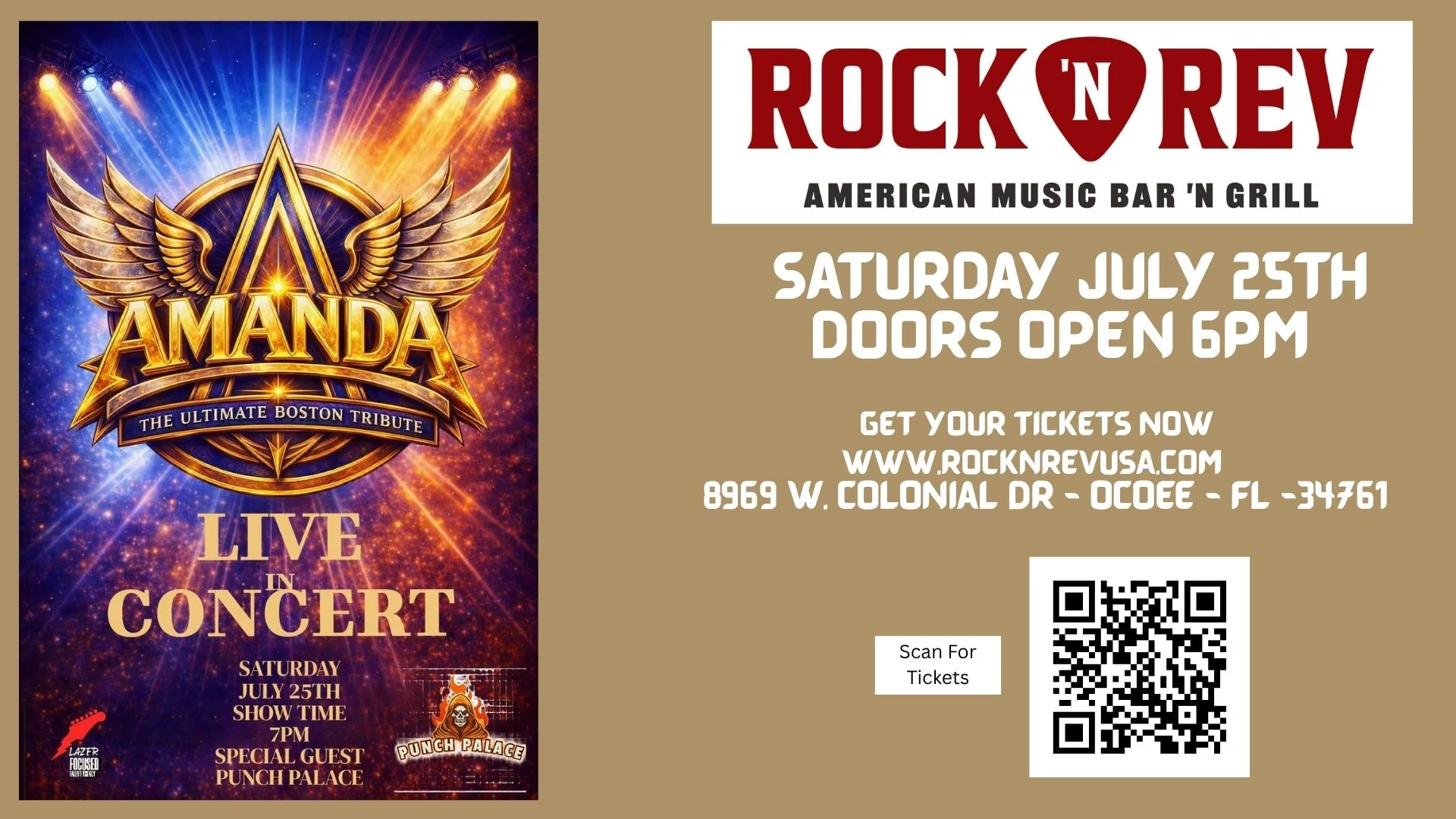 Concert poster for Amanda, Boston tribute band at Rock 'N Rev