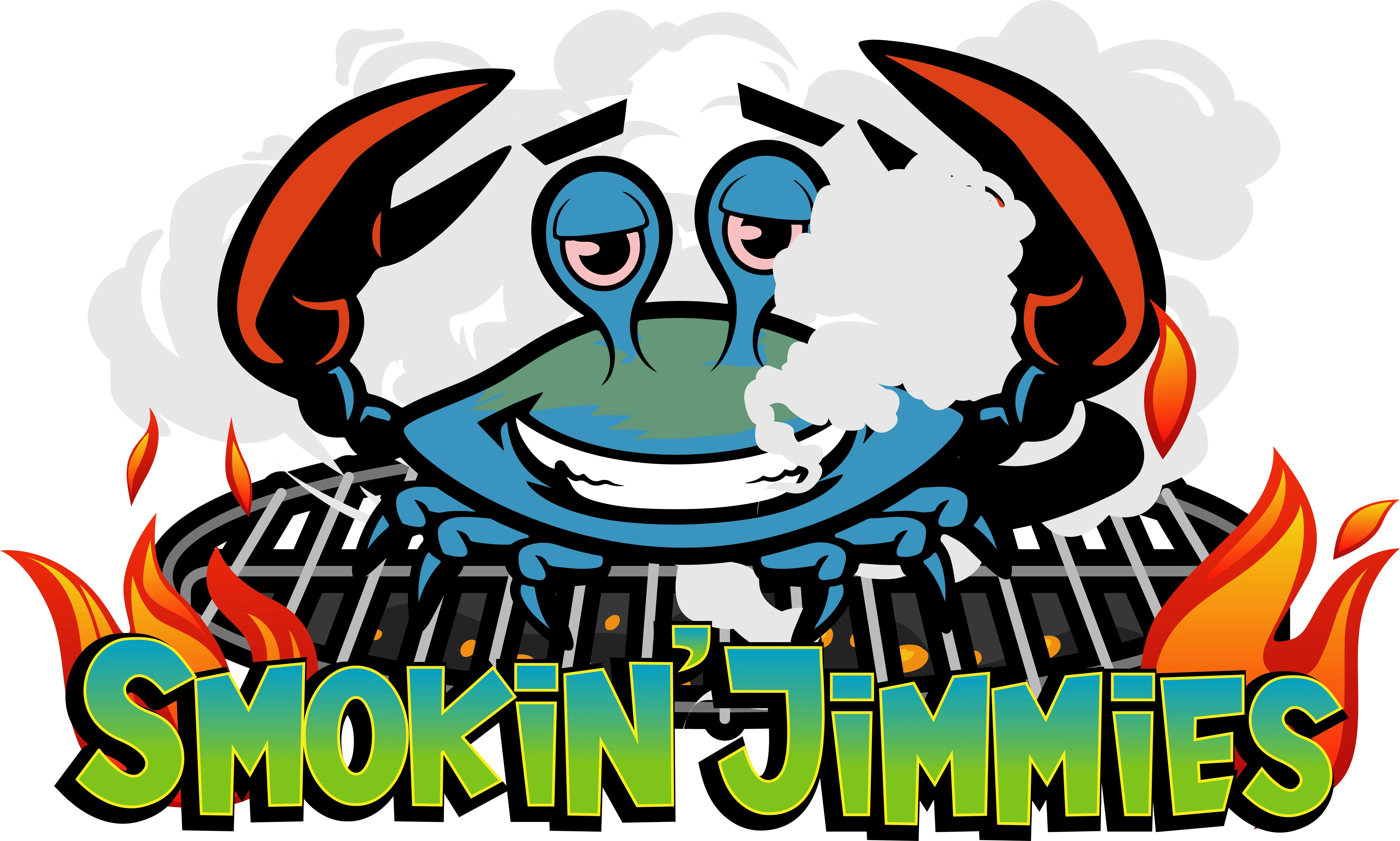 A colorful cartoon logo featuring a smiling crab cooking on a grill, surrounded by flames.