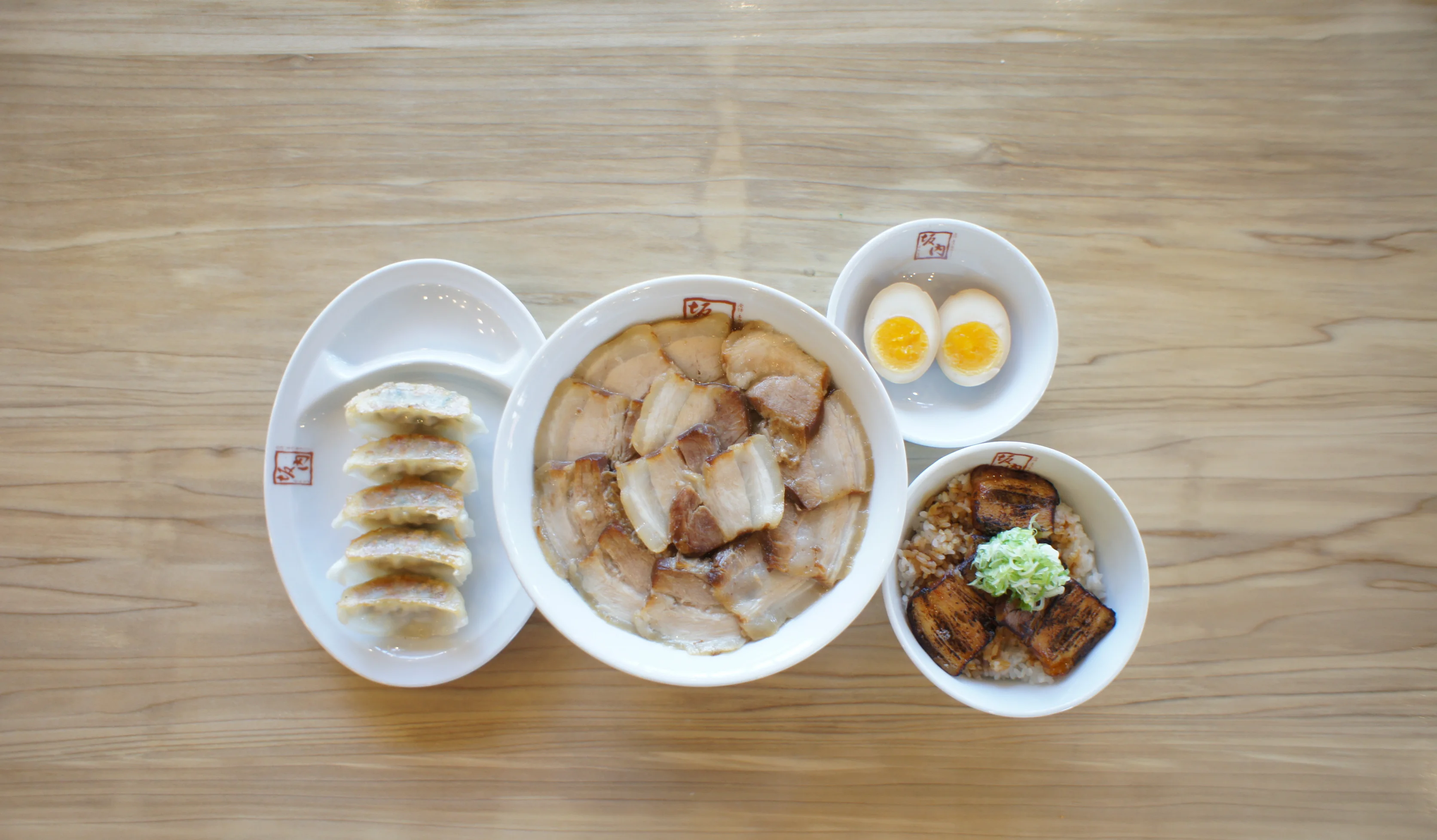Mixi Chashu Ramen with Season egg, Aburi chashu with white rice and fried gyoza