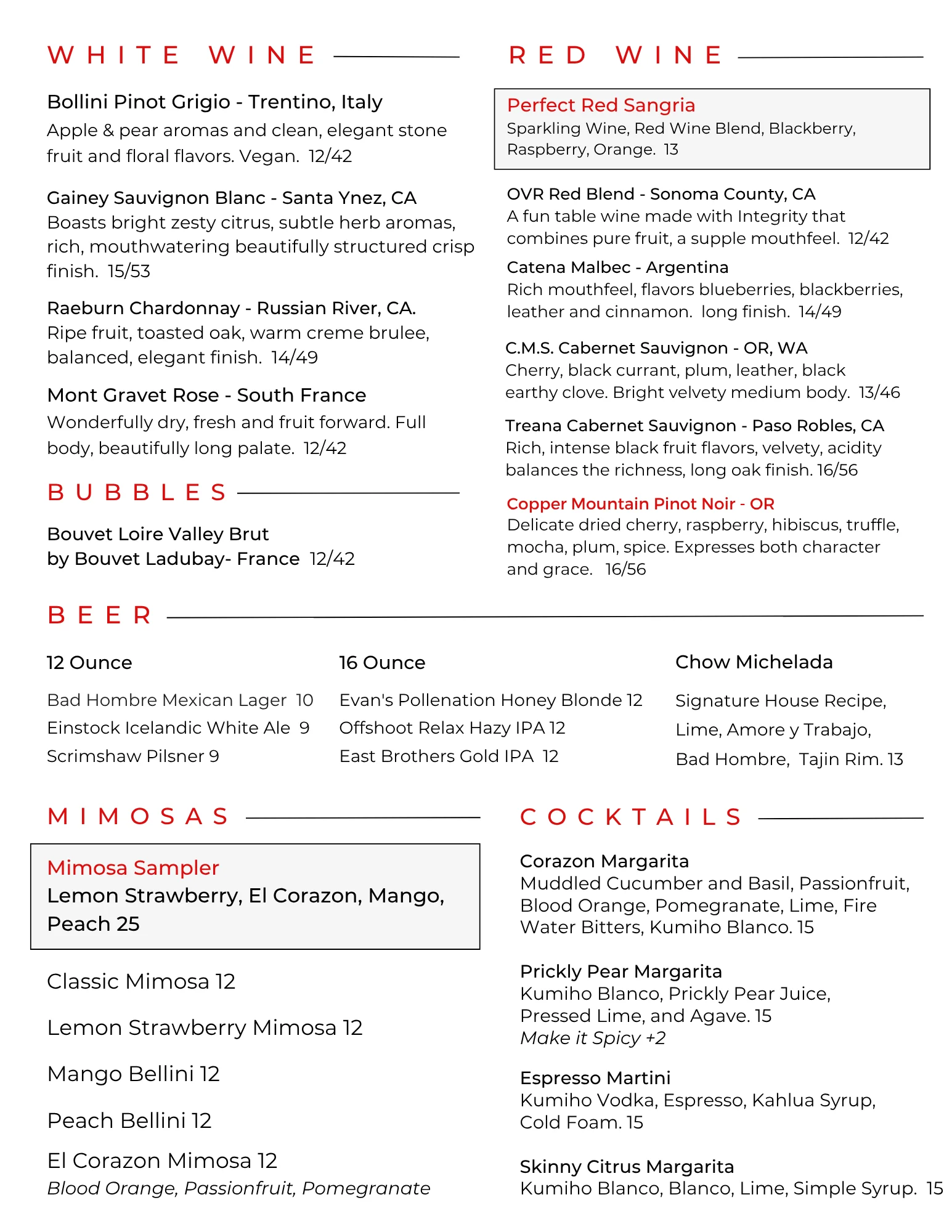 Wine and cocktail menu featuring diverse selections