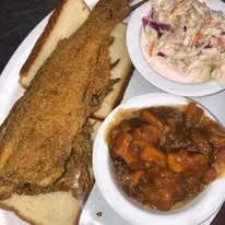 Southern fried catfish with sides of coleslaw and baked beans