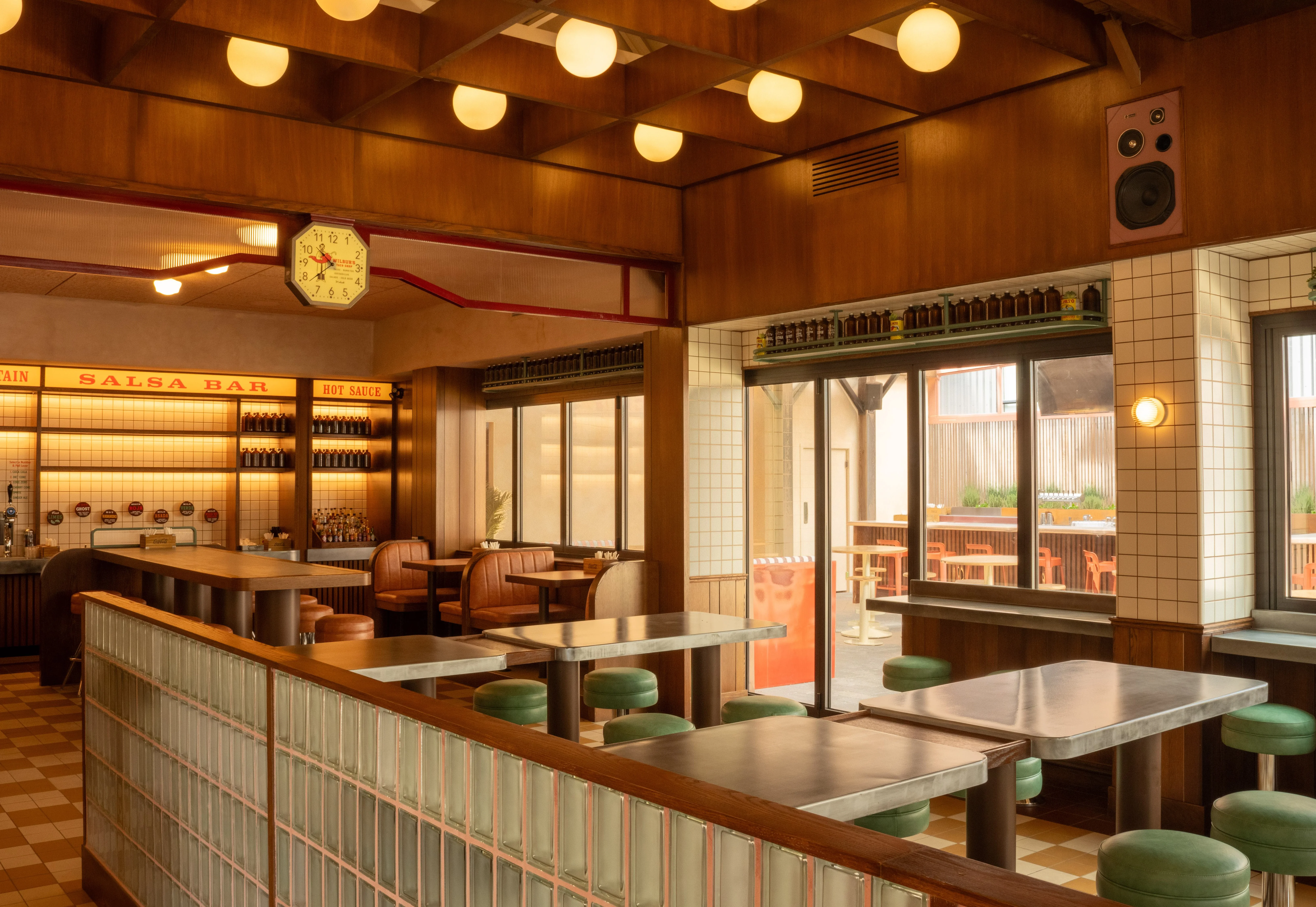 Modern restaurant interior with vibrant decor and seating