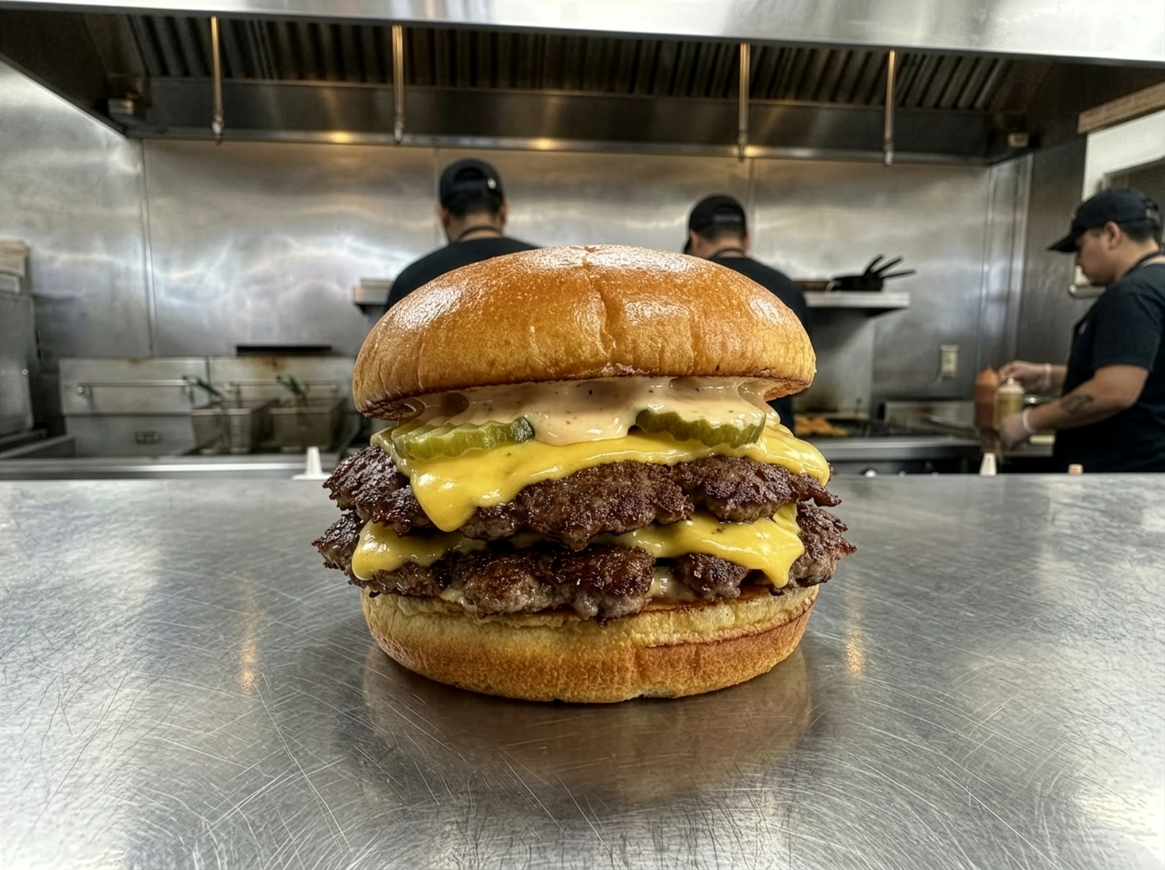 Double cheeseburger with melted cheese and pickles