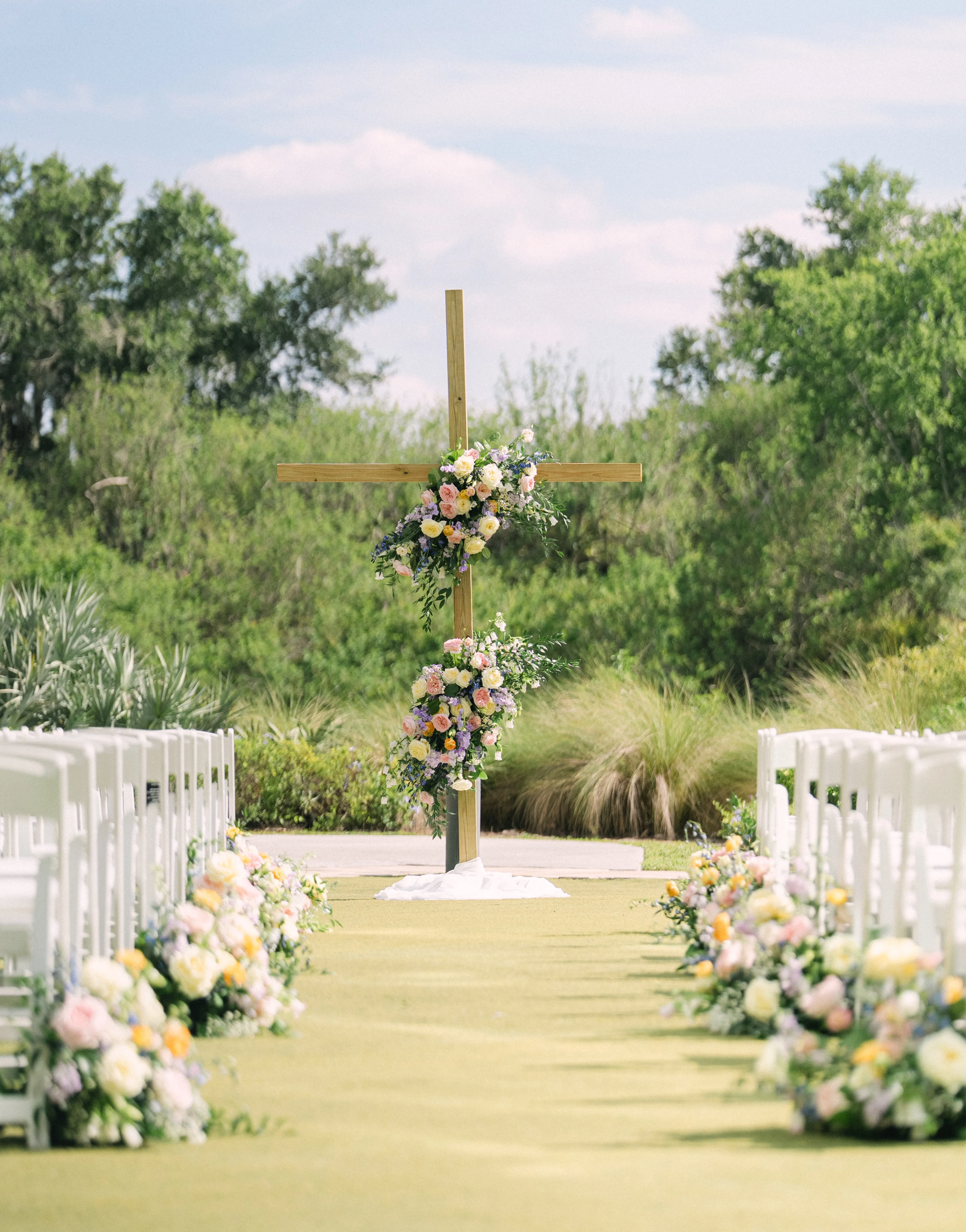 Beautifully decorated wedding altar with floral arrangements