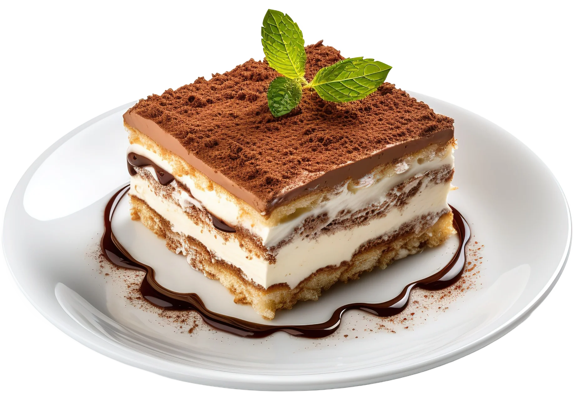 Classic Italian tiramisu dessert with cocoa and mint garnish