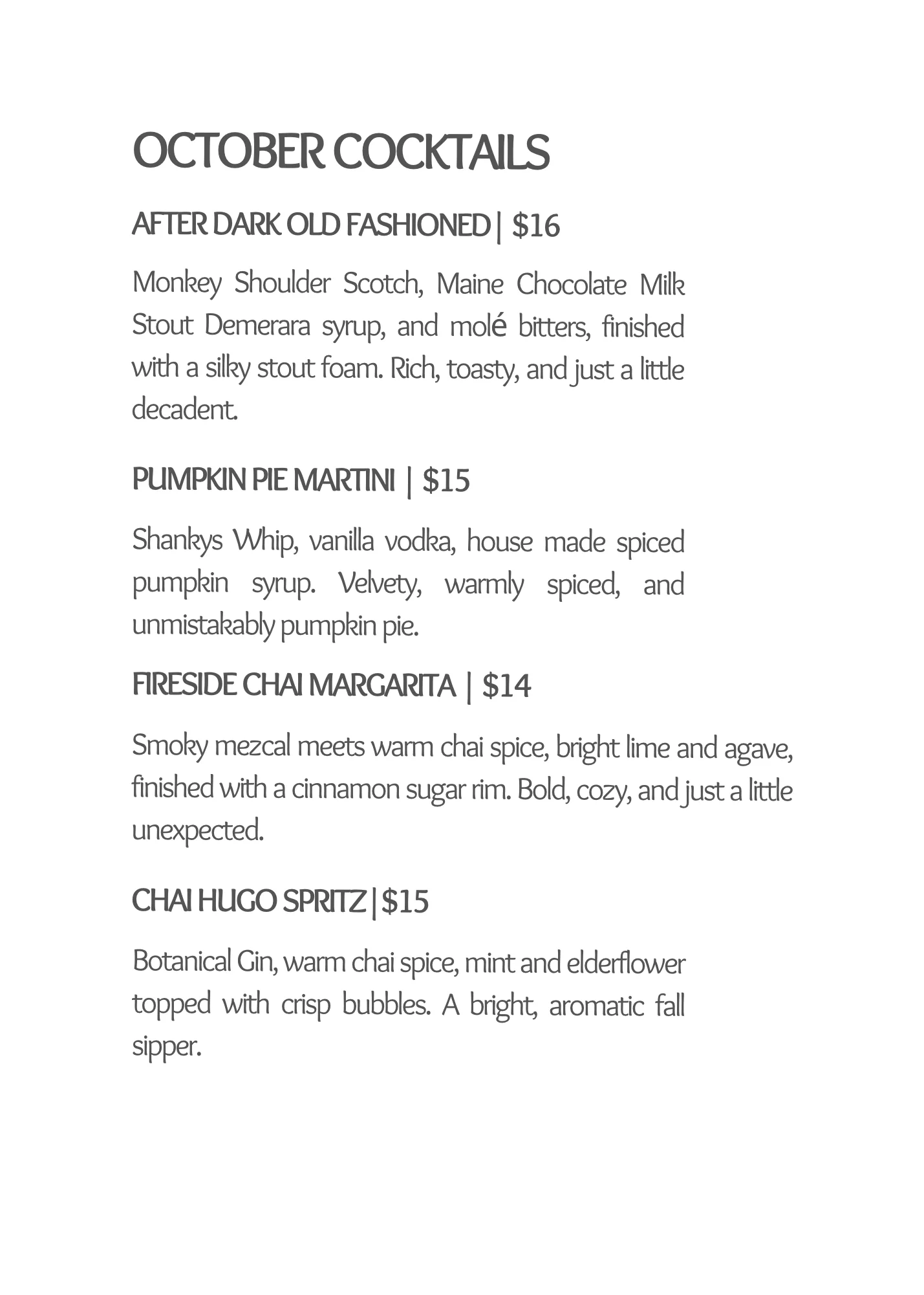 October cocktail menu featuring seasonal drink offerings and prices