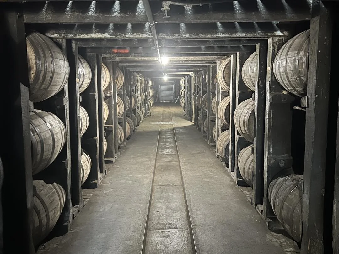 Whiskey barrel storage in a distillery