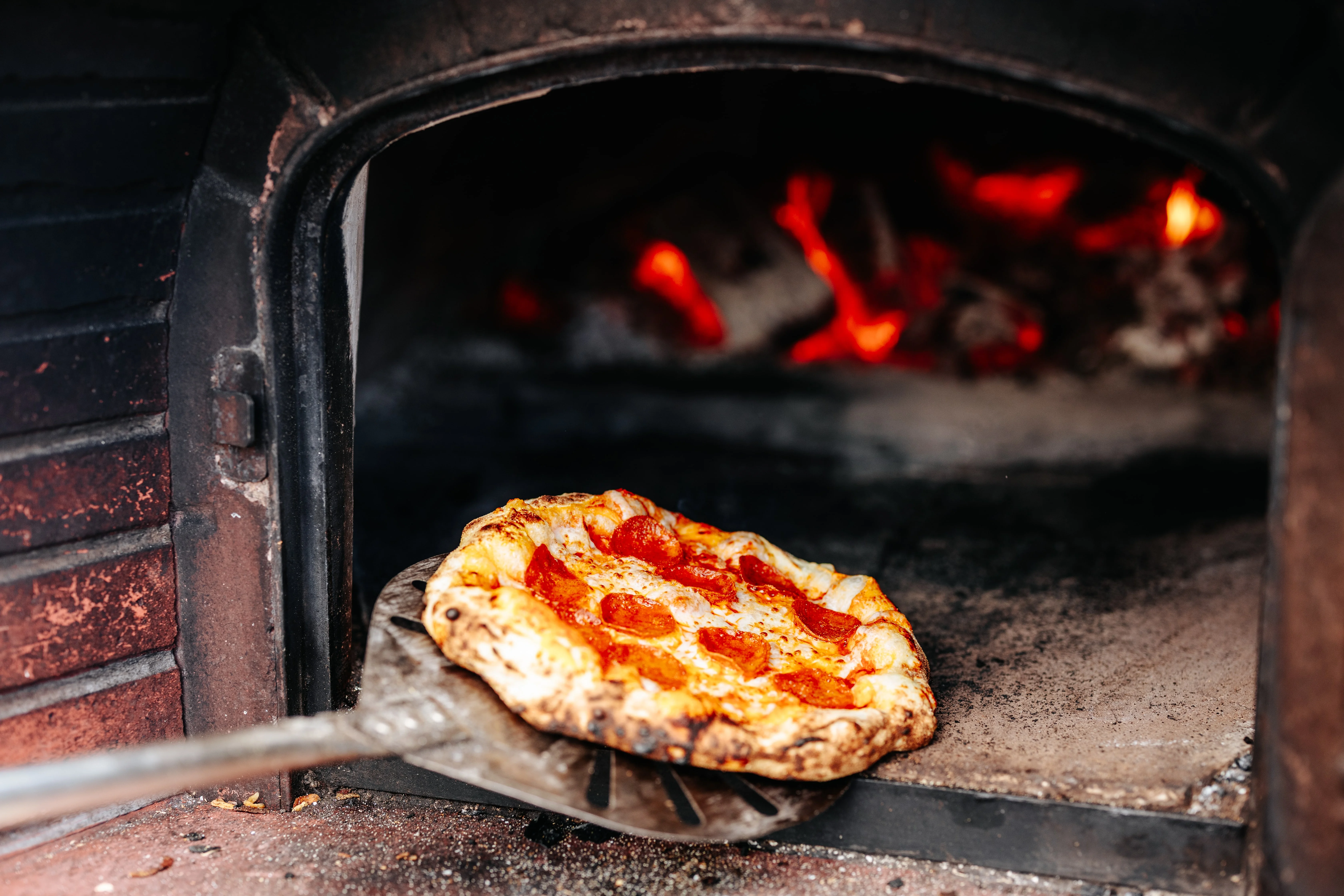 Pepperoni pizza from a wood-fired oven
