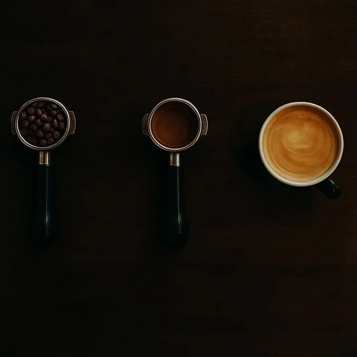 Coffee preparation stages: beans, espresso, and latte art