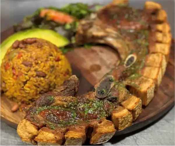 Grilled Brazilian ribeye with rice and fresh greens
