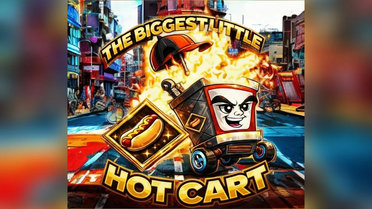 An illustration featuring a quirky hot dog cart with a cartoon character, flame effects, and vibrant street background.